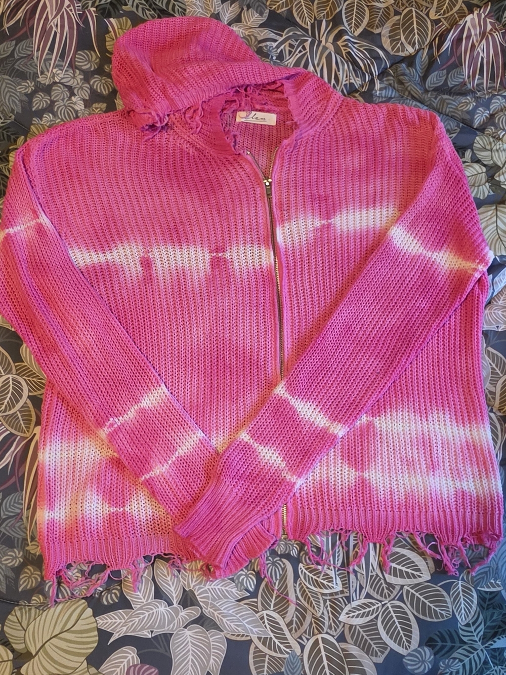 Elan Hot Pink and White Tie-Dye Zip Hoodie Sweater